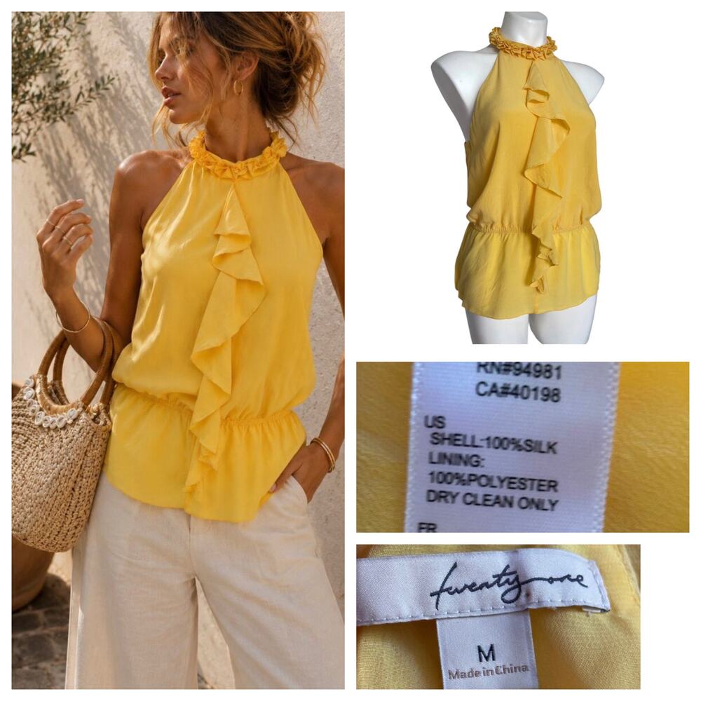 Twenty One y2k 100% Silk Ruffle High Neck Sleeveless Top Yellow Romantic Euro